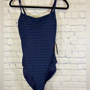NWT La Blanca Navy Blue Sheer Midriff Ribbed One-Piece Vacation Beach Swimsuit 8